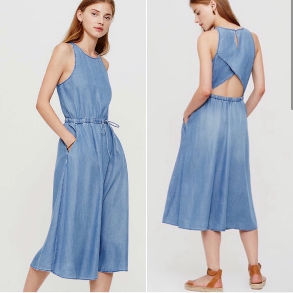 Lou & Grey Linen Blue Chambray Cut Out Back Tie Waist Sleeveles A Line Dress L